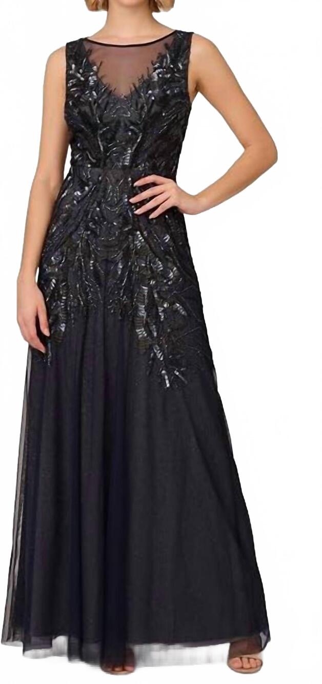 NEW ADRIANNA PAPELL bead metallic mesh dress in navy / silver